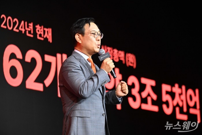 권희백 한화자산운용 대표가 23일 오전 서울 중구 더플라자호텔에서 열린 2024 한화자산운용 PLUS ETF 브랜드 출범식에서 인사말을 하고 있다. 사진=강민석 기자 kms@newsway.co.kr