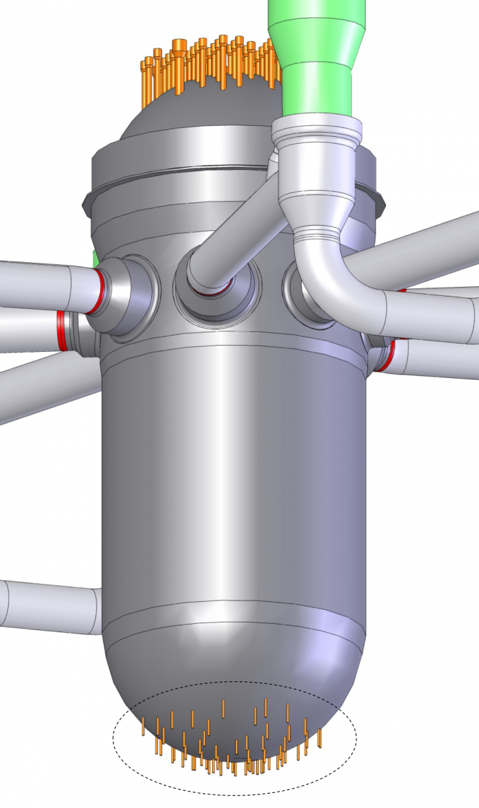 초음파 캐비테이션 피닝 기술 적용 대상인 원자로 압력용기 하부헤드 관통관 형상 및 위치(렌더링). 사진=한국수력원자력 제공