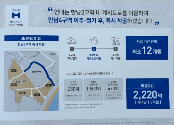 현대건설이 한남4구역 조합원들을 대상으로 개최한 설명회에 배포된 자료에는 한남3구역 내 계획도로를 활용하겠다는 계획이 담겼다. 사진=독자 제공