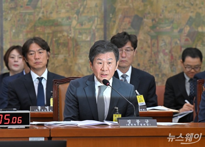 정몽규 대한축구협회장이 24일 오전 서울 여의도 국회에서 열린 문화체육관광위원회의 대한축구협회 등에 대한 현안질의에 참석해 자리하고 있다. 그 뒤로 홍명보 A대표팀 감독이 자리하고 있다. 사진=이수길 기자 Leo2004@newsway.co.kr