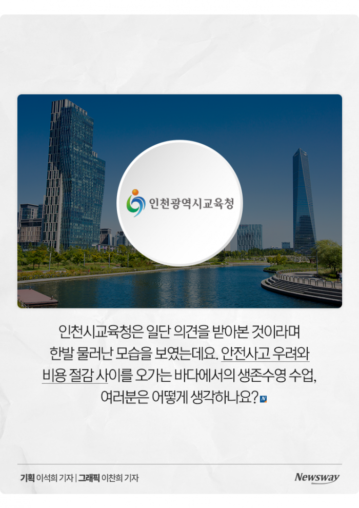 돈 때문에 초등생 생존수영 바다에서 하겠다는 인천시 기사의 사진