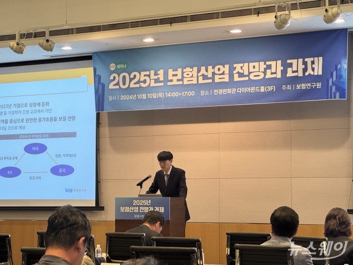 보험연구원이 서울 영등포구 여의도 전경련회관 다이아몬드홀에서 '2025년 보험산업 전망 및 과제' 세미나를 열었다. 황인창 보험연구원 금융시장분석실장이 보험산업 전망에 대해 발표하고 있는 모습. 사진=김민지 기자
