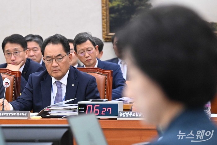 지준섭 농업협동조합중앙회 전무이사가 18일 오후 서울 여의도 국회 농림축산식품해양수산위원회에서 열린 '농업협동조합중앙회·농협경제지주·농협금융지주·농협은행·농협생명보험·농협손해보험·NH투자증권 등'에 대한 2024년 국정감사에서 의원의 질의를 경청하던 중 자료를 살펴보고 있다. 사진=강민석 기자 kms@newsway.co.kr