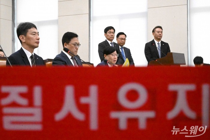 (왼쪽부터)이복현 금융감독원장과 김병환 금융위원장, 김소영 금융위 부위원장, 김형일 중소기업은행 전무이사, 김복규 한국산업은행 전무이사, 유재훈 예금보험공사 사장이 24일 오전 서울 여의도 국회 정무위원회에서 열린 금융위원회·금융감독원에 대한 2024년도 종합국정감사에서 의원의 질의를 경청하고 있다. 사진=강민석 기자 kms@newsway.co.kr