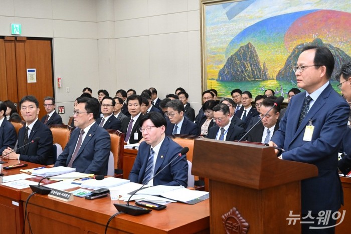 (왼쪽 첫 번째)이복현 금융감독원장이 24일 오후 서울 여의도 국회 정무위원회에서 열린 금융위원회·금융감독원에 대한 2024년도 종합국정감사에서 의원의 질의를 경청하는 (오른쪽 첫 번째)정기섭 포스코홀딩스 사장을 바라보고 있다. 사진=강민석 기자 kms@newsway.co.kr