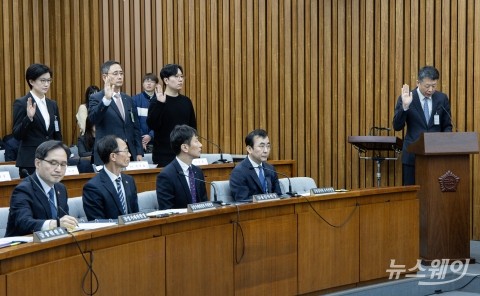 '김병주 MBK 회장' 정무위 불출석···증인 선서하는 김광일·조주연