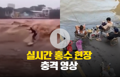 '서핑에 낚시···' 홍수 현장 천태만상