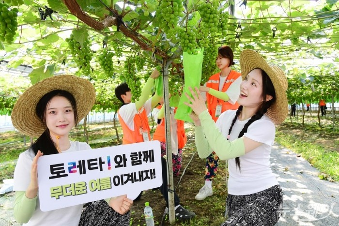 코카콜라사의 이온보충음료 '토레타'와 상명대학교 학생들이 지난 9일 경기 안성시 서운면에서 농촌 봉사활동을 통해 때 이른 무더위 속 여름철 수분 보충의 중요성을 알리고 있다. 사진=코카콜라
