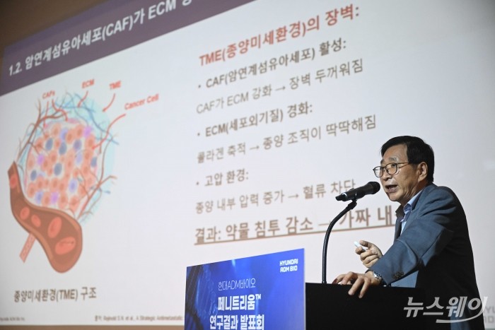 조원동 현대ADM바이오 고문이 21일 오전 서울 중구 정동1928 아트센터에서 열린 페니트리움 연구결과 발표회에서 '공동연구 결정 배경 및 개발전략' 주제로 발표하고 있다. 사진=강민석 기자 kms@newsway.co.kr
