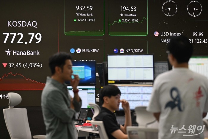 정부의 세제개편 여파로 코스피 지수가 전일 대비 126.03포인트(-3.88%) 급락된 3119.41에 장을 마친 1일 오후 서울 중구 하나은행 딜링룸에서 직원들이 업무를 보고 있다. 사진=강민석 기자 kms@newsway.co.kr
