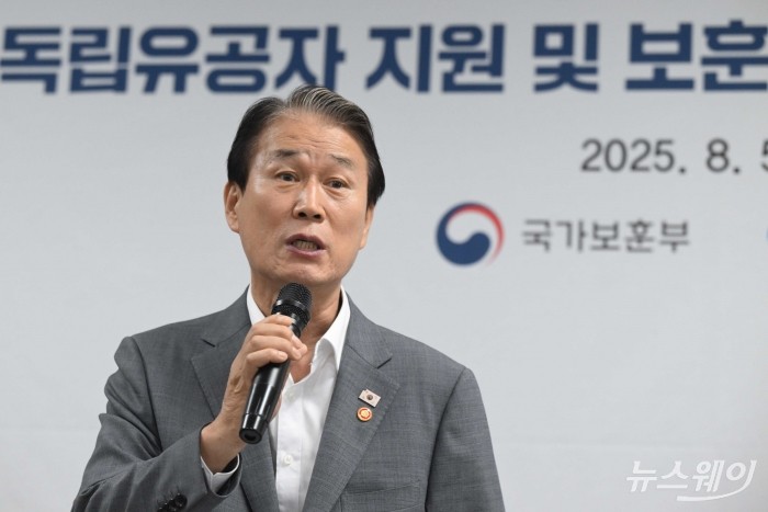 권오을 국가보훈부 장관이 5일 오후 서울 용산구 서울지방보훈청에서 열린 광복80주년 독립유공자 지원 및 보훈문화 확산 업무협약식에서 인사말을 하고 있다. 사진=강민석 기자 kms@newsway.co.kr
