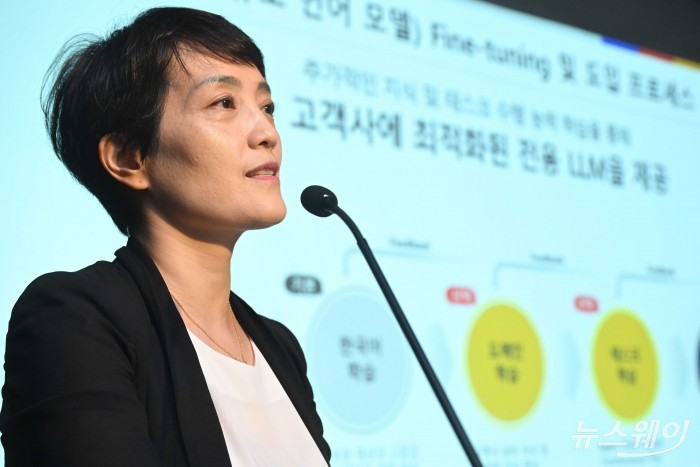 권성애 마음AI 이사가 8일 오전 서울 중구 은행회관에서 열린 '초거대 인공지능 기반 플랫폼 이용지원' 사업 연결의 날에서 발표를 하고 있다. 사진=강민석 기자 kms@newsway.co.kr