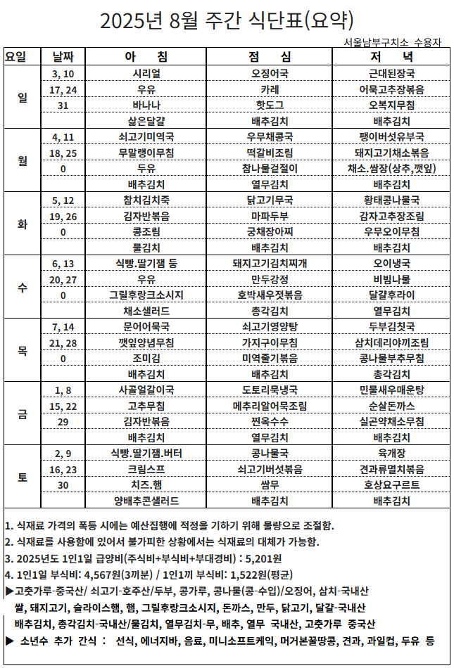 서울남부구치소 8월 식단표. 출처=법무부