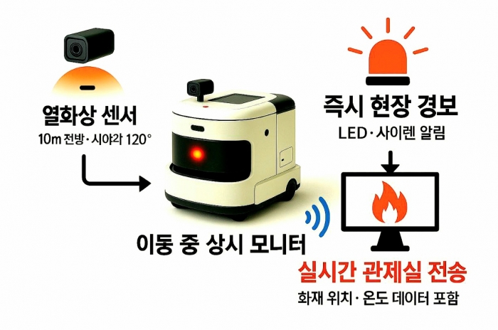 AI청소로봇 '휠리(Wheelie)'가 불 꺼진 빌딩 로비를 주행하며 바닥을 청소하는 동시에, 전방에 열화상 센서로 화재를 탐지하는 모습. 관제실 모니터에는 로봇의 실시간 위치와 '화재 의심' 경보가 표시된다. 사진 제공=라이노스
