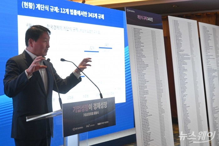 최태원 대한상공회의소 회장이 4일 오전 서울 중구 롯데호텔에서 열린 기업성장포럼 출범식에서 '경제계 전반의 규제 개혁 필요성 등'을 주제로 기조강연을 하고 있다. 사진=강민석 기자 kms@newsway.co.kr