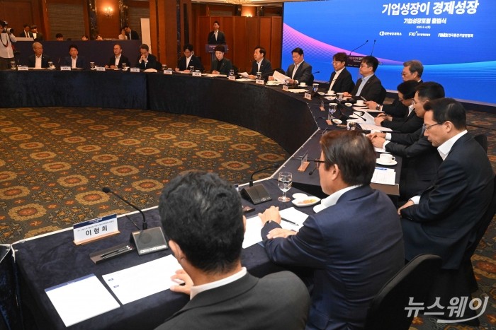 (왼쪽 일곱 번째)구윤철 부총리 겸 기획재정부 장관이 4일 오전 서울 중구 롯데호텔에서 열린 기업성장포럼 출범식에서 모두발언을 하고 있다. 사진=강민석 기자 kms@newsway.co.kr