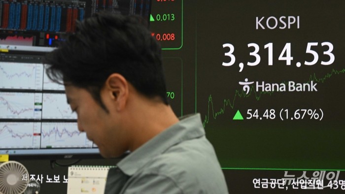 코스피가 약 4년 2개월 만에 장중과 종가 기준 모두 사상 최고치를 경신한 10일 오후 서울 중구 하나은행 딜링룸에서 직원이 업무를 보고 있다. 이날 코스피는 전 거래일보다 1.67% 오른 3314.53으로, 코스닥은 전 거래일보다 0.99% 오른 833으로 연고점 새로 기록하며 장마감을 했다. 사진=강민석 기자 kms@newsway.co.kr