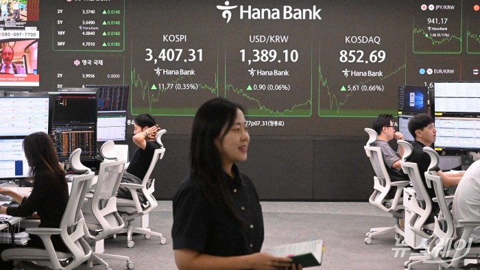 코스피 지수가 사상 처음으로 3,400선을 돌파한 15일 오후 서울 중구 하나은행 딜링룸에서 직원들이 업무를 보고 있다. 이날 코스피는 전 거래일보다 0.35% 오른 3407.31로, 코스닥은 전 거래일보다 0.66% 오른 852.69로 기록하며 장마감을 했다. 사진=강민석 기자 kms@newsway.co.kr