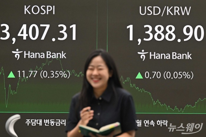 코스피 지수가 사상 처음으로 3,400선을 돌파한 15일 오후 서울 중구 하나은행 딜링룸에서 직원이 업무를 보고 있다. 이날 코스피는 전 거래일보다 0.35% 오른 3407.31로, 코스닥은 전 거래일보다 0.66% 오른 852.69로 기록하며 장마감을 했다. 사진=강민석 기자 kms@newsway.co.kr