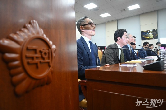 (왼쪽 두 번째)조좌진 롯데카드 대표이사가 24일 오전 서울 여의도 국회 과학기술정보방송통신위원회에서 열린 해킹 사고 진상 규명 관련 청문회에 증인으로 출석해 의원의 질의에 답변을 하고 있다. (왼쪽 첫 번째 부터)윤종하 MBK파트너스 부회장, 조 롯카 대표, 김영섭 KT 대표이사. 사진=강민석 기자 kms@newsway.co.kr