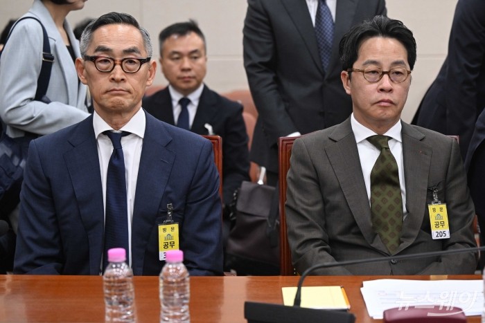 (왼쪽)윤종하 MBK파트너스 부회장과 조좌진 롯데카드 대표이사가 24일 오전 서울 여의도 국회 과학기술정보방송통신위원회에서 열린 해킹 사고 진상 규명 관련 청문회에 증인으로 출석해 자리하고 있다. 사진=강민석 기자 kms@newsway.co.kr