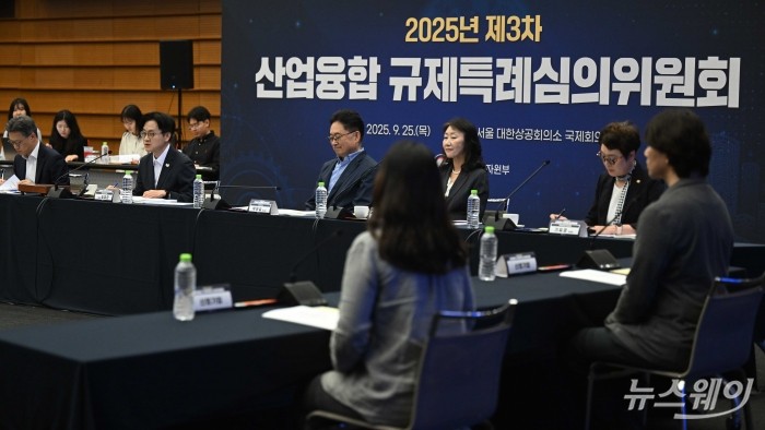 (왼쪽 두 번째)김정관 산업통상자원부 장관이 25일 서울 중구 대한상공회의소에서 열린 제3차 산업융합 규제특례심의위원회에서 모두발언을 하고 있다. 사진=강민석 기자 kms@newsway.co.kr