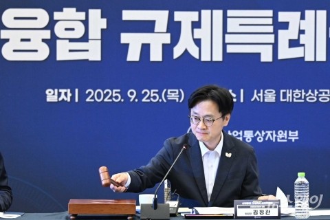 '제3차 산업융합 규제특례심의위원회'서 의사봉 두드리는 김정관 산업부 장관