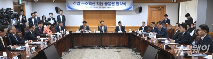 (오른쪽 두 번째)권대영 금융위원회 부위원장이 30일 오전 서울 중구 은행연합회관에서 열린 산업 구조혁신 지원 금융권 협약식에서 모두발언을 하고 있다. 사진=강민석 기자 kms@newsway.co.kr