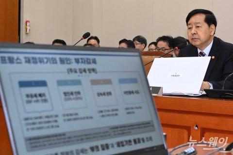 국감 출석해 '프랑스 재정위기의 원인:부자감세' 자료 시청하는 구윤철 부총리