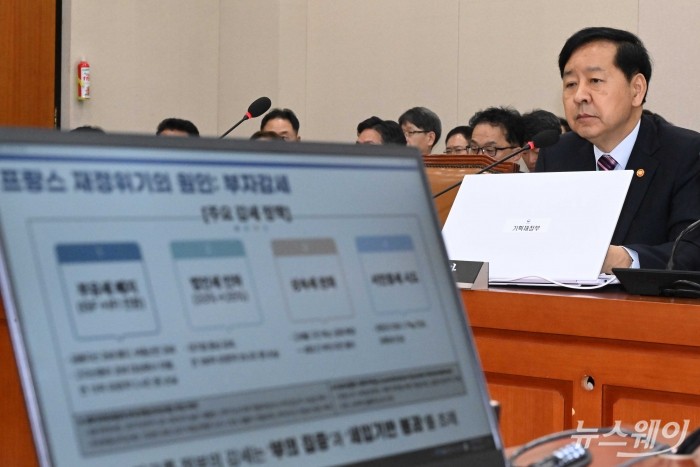 구윤철 부총리 겸 기획재정부 장관이 14일 오전 서울 여의도 국회 기획재정위원회에서 열린 기획재정부 '조세정책'에 대한 2025년도 국정감사에서 '프랑스 재정위기의 원인 : 부자감세' 관련 자료를 시청하고 있다. 사진=강민석 기자 kms@newsway.co.kr