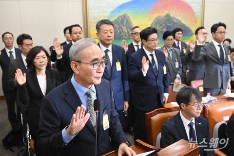 국감 증인선서하는 김영섭·황성혜·김광일·김병주·조좌진