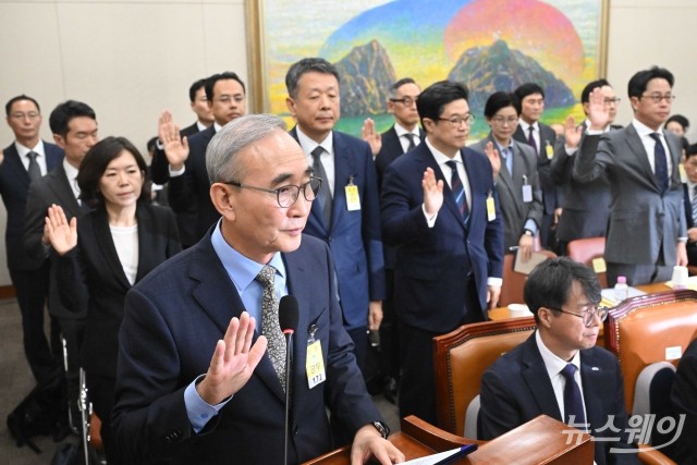 국감 증인선서하는 김영섭·황성혜·김광일·김병주·조좌진