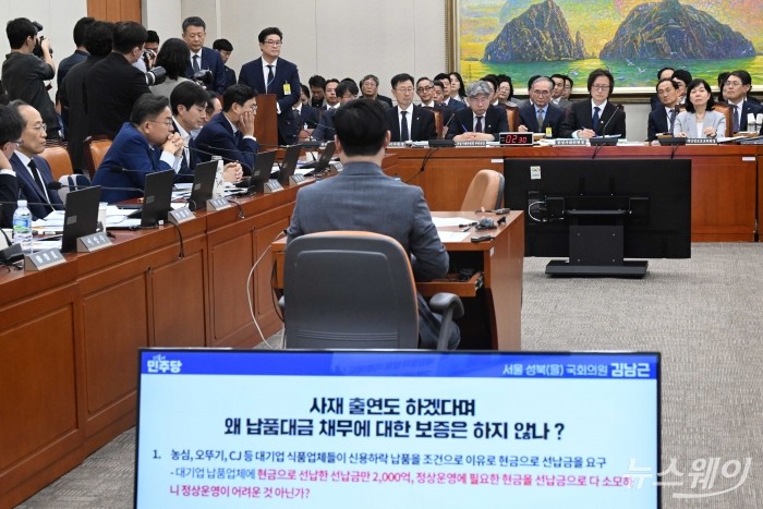 (오른쪽)김병주 MBK파트너스 회장과 김광일 홈플러스 대표이가 14일 오후 서울 여의도 국회 정무위원회에서 열린 공정거래위원회-개인정보보호위원회-소비자원 등에 대한 2025년도 국정감사에서 의원의 질의를 경청하고 있다. 사진=강민석 기자 kms@newsway.co.kr