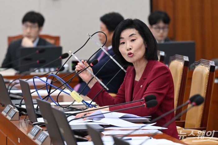 김희정 국민의힘 의원이 16일 오후 서울 여의도 국회 국토교통위원회에서 열린 한국도로공사·한국교통안전공단 등에 대한 2025년도 국정감사에서 함진규 한국도로공사 사장에게 고속도로 동파방지 열선 설치 부실 문제를 질의하고 있다. 사진=강민석 기자 kms@newsway.co.kr