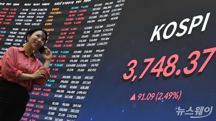 반도체주 랠리 등의 영향으로 코스피가 사상 첫 3700선을 돌파한 16일 오후 서울 여의도 한국거래소에 마련된 현황판에서 종가가 보이고 있다. 이날 코스피는 전 거래일 대비 91.09포인트(2.49%) 오른 3748.37, 코스닥은 0.69포인트(0.08%) 오른 865.41으로 장을 끝냈다. 사진=강민석 기자 kms@newsway.co.kr