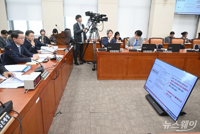 (왼쪽) 이억원 금융위원장과 권대영 금융위 부위원장이 20일 오후 서울 여의도 국회 정무위원회에서 열린 금융위원회-한국산업은행-중소기업은행에 대한 2025년도 국정감사에서 '바이낸스 중대한 자금세탁방지 의무 위반행위' 관련 자료를 시청하고 있다. 사진=강민석 기자 kms@newsway.co.kr