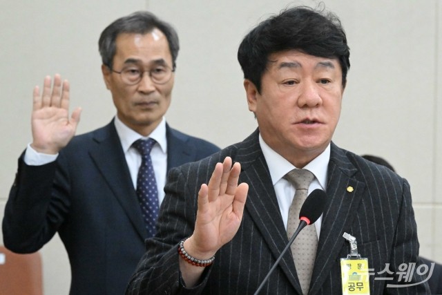 정무위 국감 증인선서 하는 김윤식 신협중앙회장·이정의 KCGS 부원장