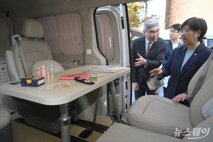 정은경 보건복지부 장관과 성 김 현대자동차그룹 사장들이 22일 오전 서울 중구 사랑의열매 사회복지공동모금회 별관 밖에 마련된 신형 현대차 스타리아 '아이케어카'에서 열린 학대피해아동 보호를 위한 '아이케어' 사업 업무협약식에서 차량을 살펴보고 있다. 사진=강민석 기자 kms@newsway.co.kr