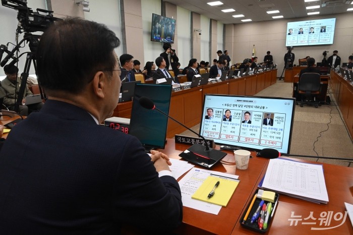 김윤덕 국토교통부 장관이 29일 오전 서울 여의도 국토교통위원회에서 열린 국토교통부-행정중심복합도시건설청-새만금개발청에 대한 2025년도 종합국정감사에서 '이상경 전 1차관의 부동산 투자법' 자료를 시청하고 있다. 사진=강민석 기자 kms@newsway.co.kr