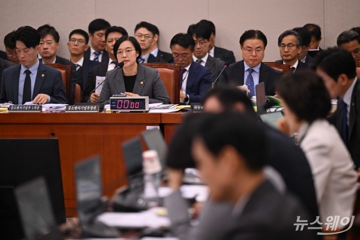 한성숙 중소벤처기업부 장관이 29일 오전 서울 여의도 산업통상자원중소벤처기업위원회에서 열린 중소벤처기업부-특허청에 대한 2025년도 종합국정감사에서 의원의 질문에 답변하고 있다. 사진=강민석 기자 kms@newsway.co.kr