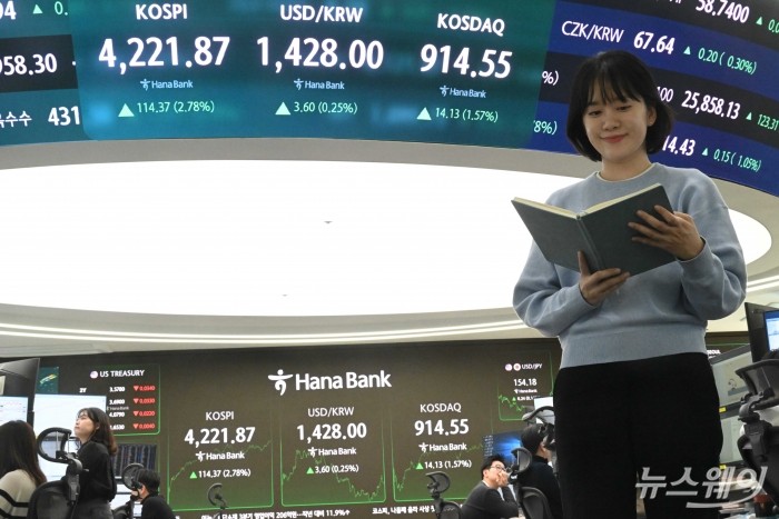 코코스피가 반도체주 강세에 힘입어 상승 폭을 키우며 4200대를 사상 처음 돌파한 3일 오후, 서울 중구 하나은행 딜링룸에서 직원이 업무를 보고 있다. 이날 코스피는 전장보다 114.37포인트(2.78%) 오른 4221.87에 장마감했다. 사진=강민석 기자 kms@newsway.co.kr