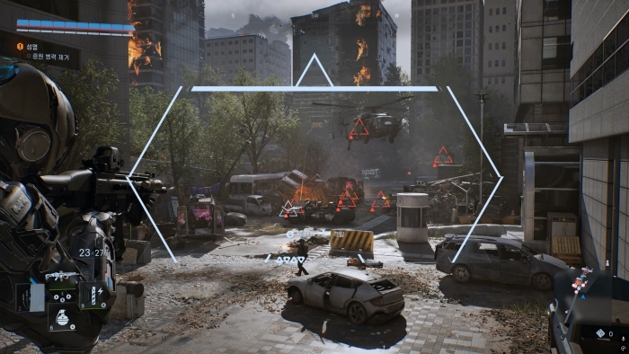 택티컬 기어 'MR23C 추격자' 사용한 적 락온. 사진=엔씨소프트 제공