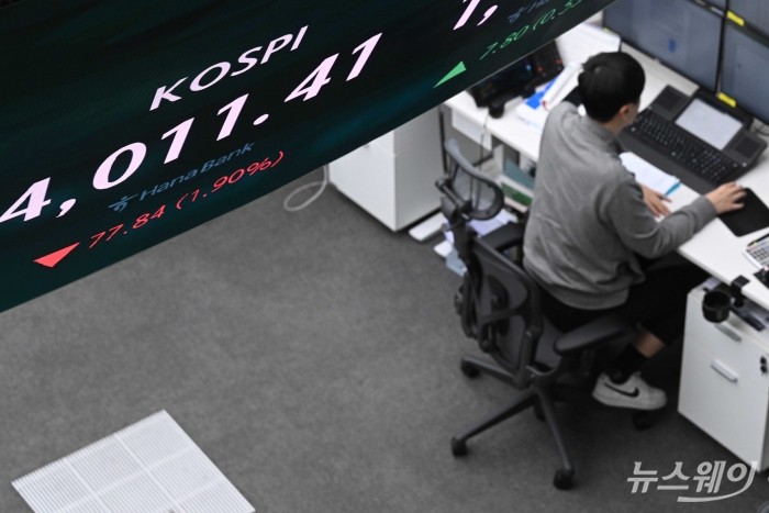 미국 연방준비제도 부의장의 매파적 발표로 인해 코스피가 4.78p(1.10%) 내린 4044.47로 개장한 18일 서울 중구 하나은행 딜링룸에서 직원들이 업무를 보고 있다. 사진=강민석 기자 kms@newsway.co.kr