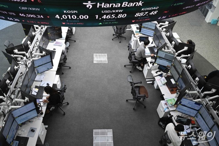 미국 연방준비제도 부의장의 매파적 발표로 인해 코스피가 4.78p(1.10%) 내린 4044.47로 개장한 18일 서울 중구 하나은행 딜링룸에서 직원들이 업무를 보고 있다. 사진=강민석 기자 kms@newsway.co.kr