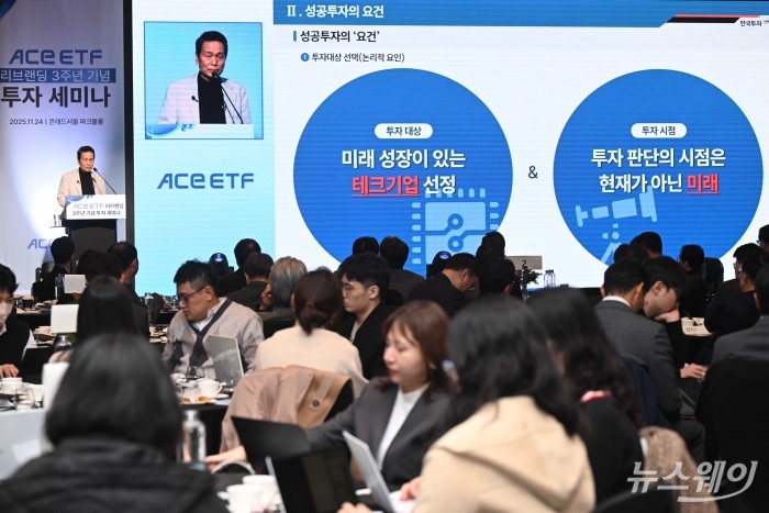 배재규 한국투자신탁운용 대표이사가 24일 오전 서울 여의도 콘래드호텔에서 열린 'ACE ETF 브랜드' 3주년 세미나에서 'AI시대 성공 투자 전략'을 주제로 발표하고 있다. 사진=강민석 기자 kms@newsway.co.kr