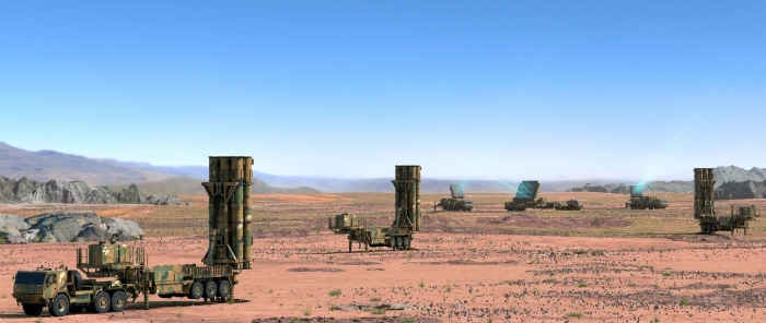 L-SAM 발사대와 L-SAM 다기능 레이다가 배치된 모습. 사진=한화에어로스페이스 제공