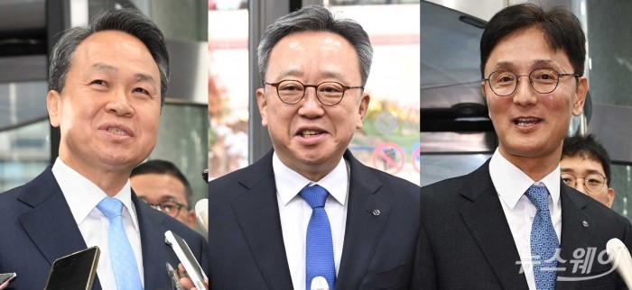 (왼쪽부터)진옥동 신한금융그룹 회장, 정상혁 신한은행장, 이선훈 신한투자증권 대표이사가 4일 오전 서울 중구 신한금융지주회사 사옥에서 열린 신한금융지주 회장후보추천위원회에 참석하기 앞서 취재진의 질문에 답변을 하고 있다. 사진=강민석 기자 kms@newsway.co.kr