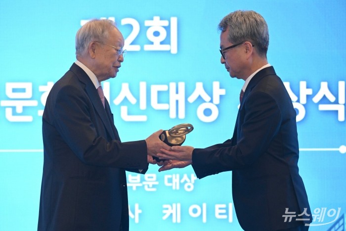 (왼쪽)손경식 한국경영자총협회 회장이 9일 오전 서울 중구 한국프레스센터에서 열린 제2회 안전문화혁신대상 시상식에서 임현규 KT CSHO에게 대기업 부문 대상을 수여하고 있다. 사진=강민석 기자 kms@newsway.co.kr