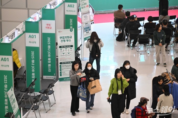 하나금융그룹 주최로 '2025 하나 JOB 매칭 페스타 in 서울'이 개막한 9일 오후 중구 DDP 아트홀에서 구직자들이 채용부스를 살펴보고 있다. 사진=강민석 기자 kms@newsway.co.kr