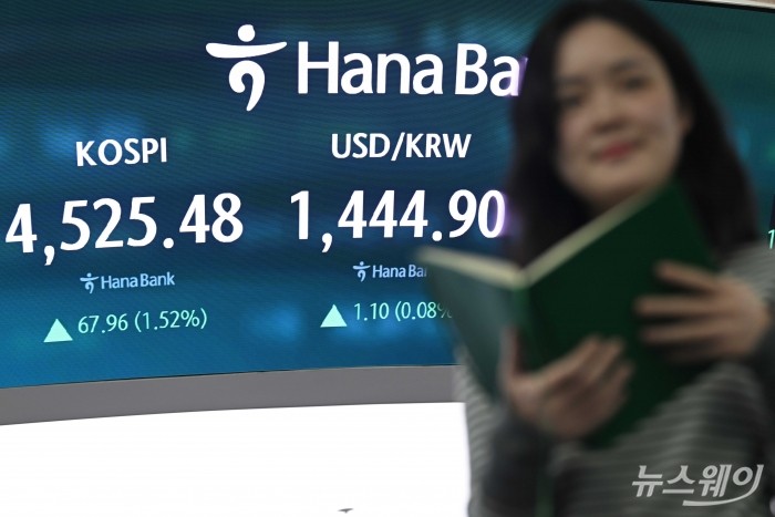 코스피가 사상 첫 4500선을 돌파하며 장을 마감된 6일 오후 서울 중구 하나은행 본점 딜링룸에서 직원이 업무를 보고 있다. 이날 코스피는 전일대비 1.52% 인상된 4525.48으로 장을 종료했다. 사진=강민석 기자 kms@newsway.co.kr